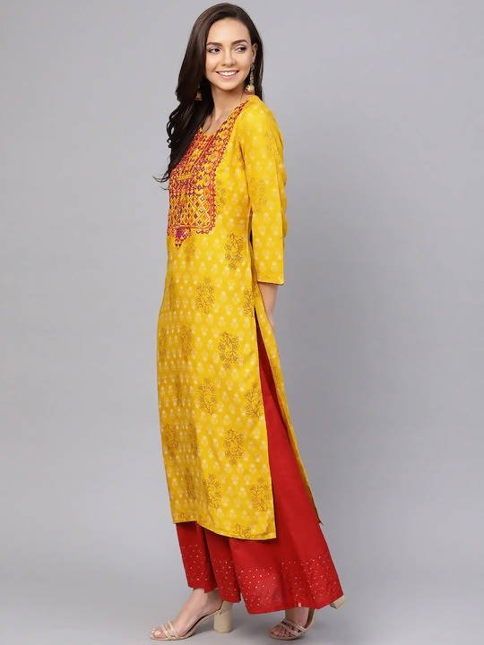 Anubhutee Mustard Yellow & Brown Screen Printed Straight Kurta - Distacart