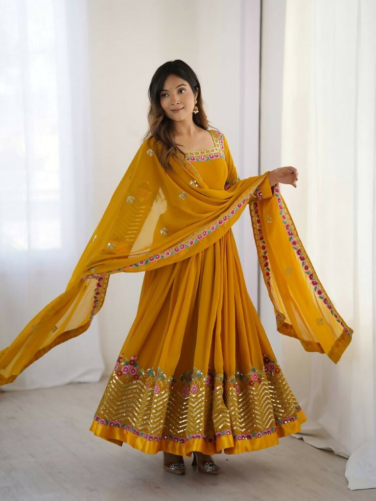 Teeya Creation Yellow Color Heavy Georgette Wedding Wear Embroidery Work Long Gown