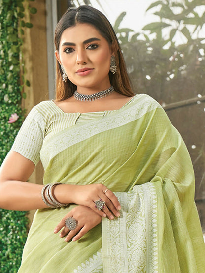 Shree Shyam Fashion Lime Green Linen Saree - Distacart
