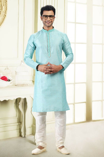 Raivat Ethnic Jacquard Art Silk Thread Work Kurta Pajama In Sky Blue Colour - Distacart
