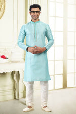 Thumbnail for Raivat Ethnic Jacquard Art Silk Thread Work Kurta Pajama In Sky Blue Colour - Distacart