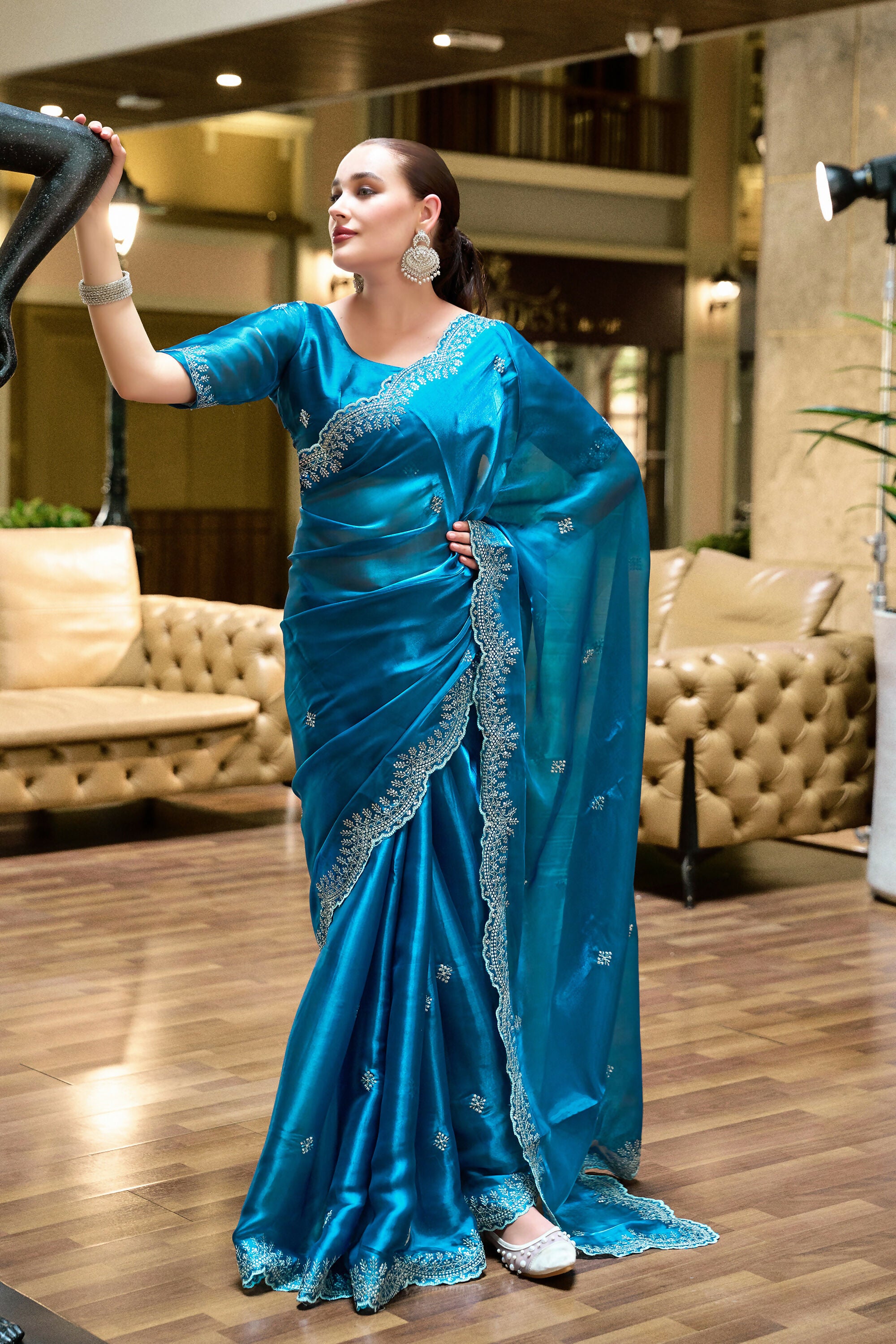 Vastranavya Sea Blue Embroidery Work Shimmer Chiffon Saree with Unstitched Blouse