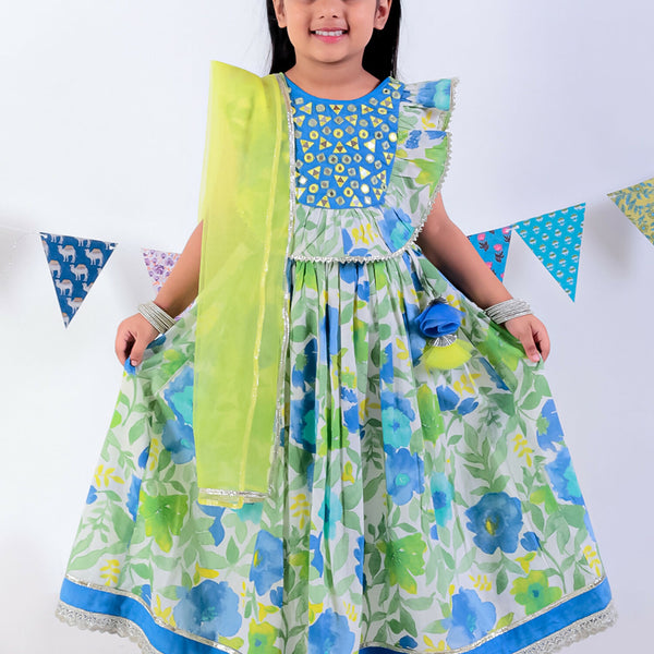 Lil Drama Jaipur Print Stylish Cotton Lehanga with Choli and Net Dupatta Set for Girls - Green - Distacart