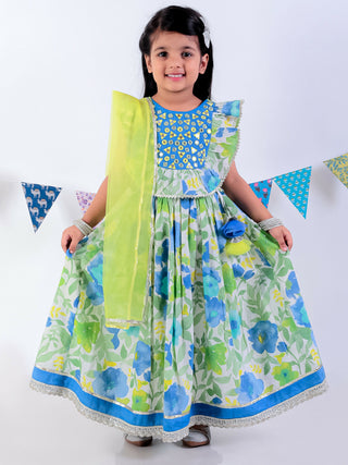 Lil Drama Jaipur Print Stylish Cotton Lehanga with Choli and Net Dupatta Set for Girls - Green - Distacart