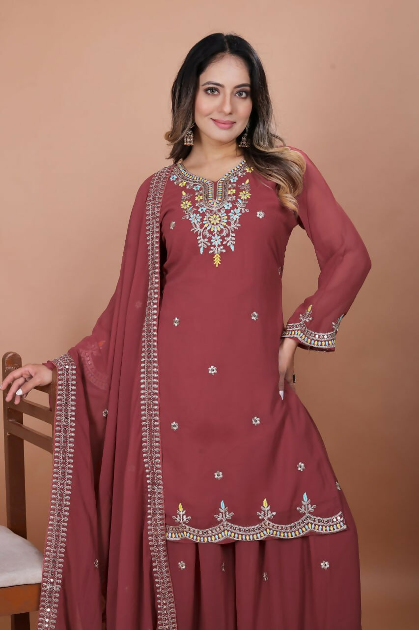 Teeya Creation Brown Color Faux Georgette Embroidery Work Wedding Wear Palazzo Set - Distacart