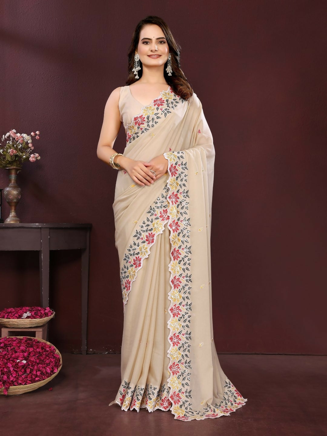 Ai Fashion Peach Soft Star Georgette Embroidery Party Wear Saree