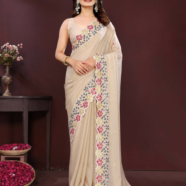 Ai Fashion Peach Soft Star Georgette Embroidery Party Wear Saree - Distacart