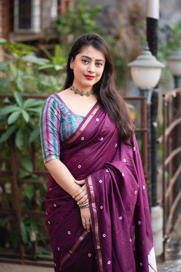 Purple Chanderi Cotton Block Print Saree with Unstitched Blouse - Hiral Fashion - Distacart