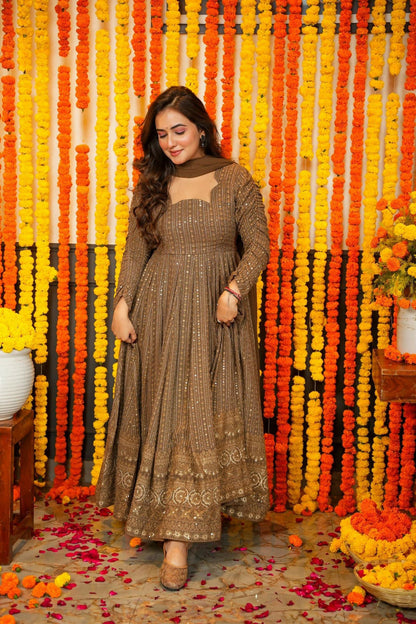 Aayaa Designer Embroidery Zari Sequins Work Faux Blooming Georgette Suit - Brown - Distacart