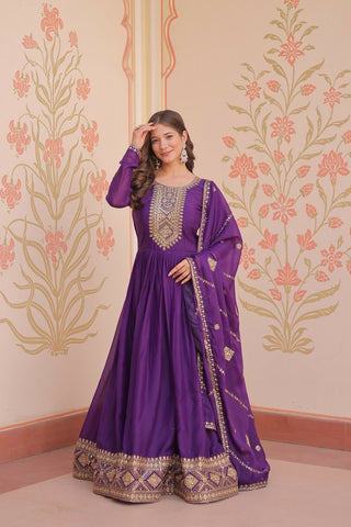 Joban Fashion Purple Georgette Sequence Embroidery Work Kurta Set