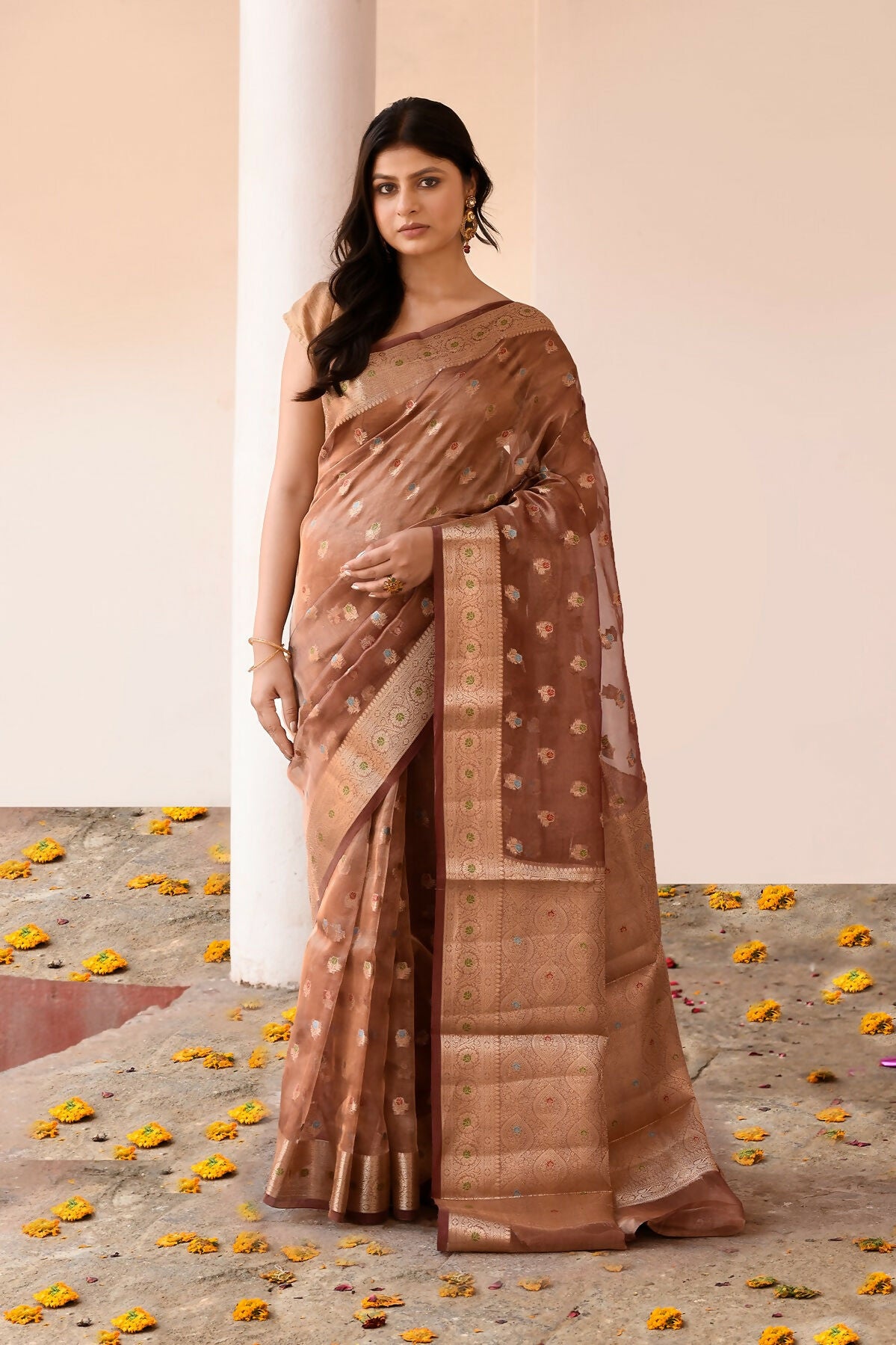 Joban Fashion Copper Pure Banarasi Tissue Saree - Dista