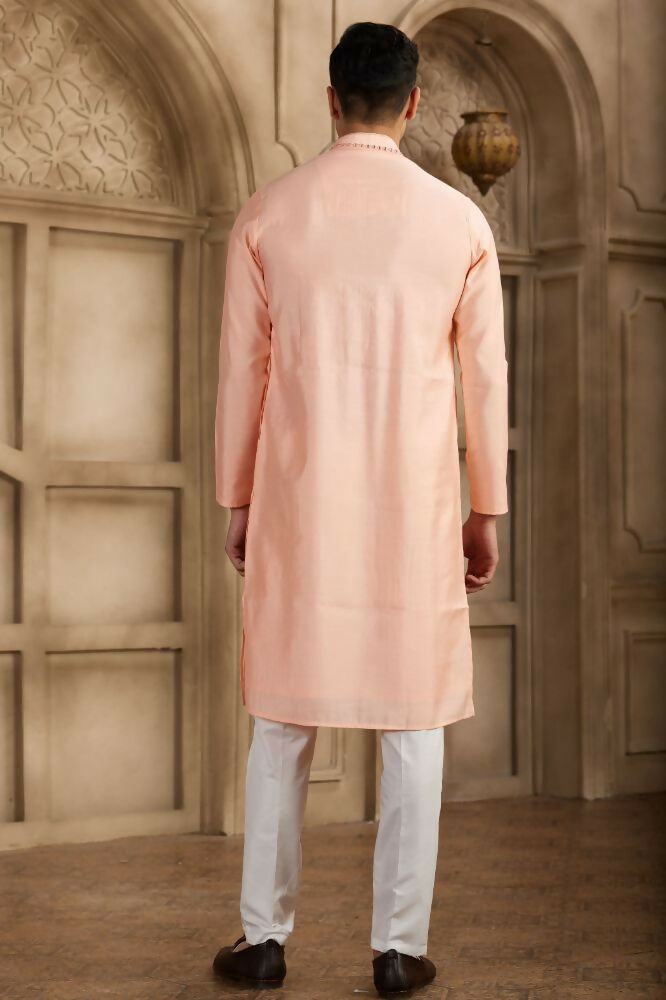 Raivat Ethnic Banarasi Art Silk Mirror Work Kurta Pajama In Pink Colour