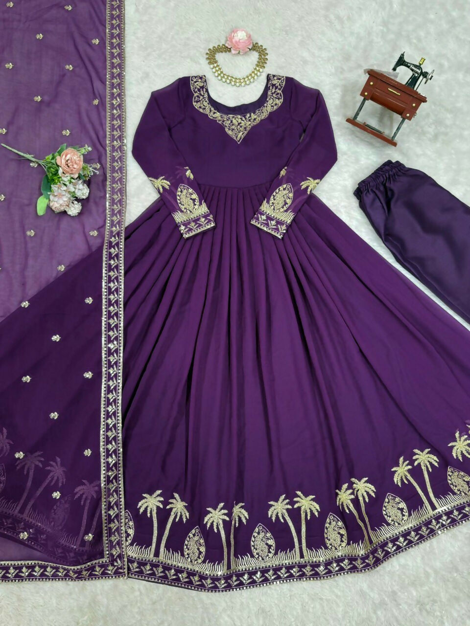 The52 Women's Gorgeous Faux Georgette Fabric Embroidery Work Flared Anarkali Pant and Dupatta Set - Distacart