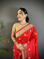 Thumbnail for Joban Fashion Red Peacock & Floral Motifs Soft Silk Kanchipuram Saree - Distacart
