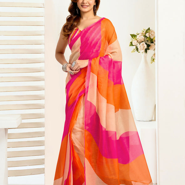 Vastranavya Multicolor Digital Printed Linen Ready To Wear Designer Saree with Unstitched Blouse - Distacart