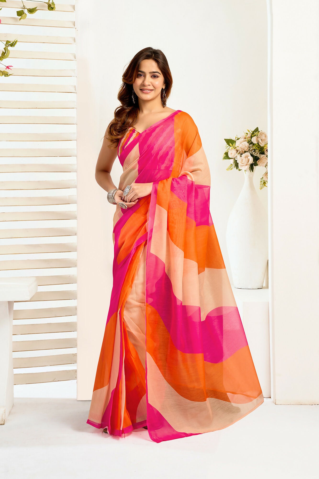 Vastranavya Multicolor Digital Printed Linen Ready To Wear Designer Saree with Unstitched Blouse - Distacart