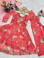 Thumbnail for Divine Drape Girl's Faux Georgette Embroidery Anarkali Gown Pant With Dupatta - Red