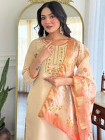 Thumbnail for The52 Chiku Women's Beautiful Rayon Fabric Embroidered Work Straight Kurta Pant and Dupatta Set - Distacart