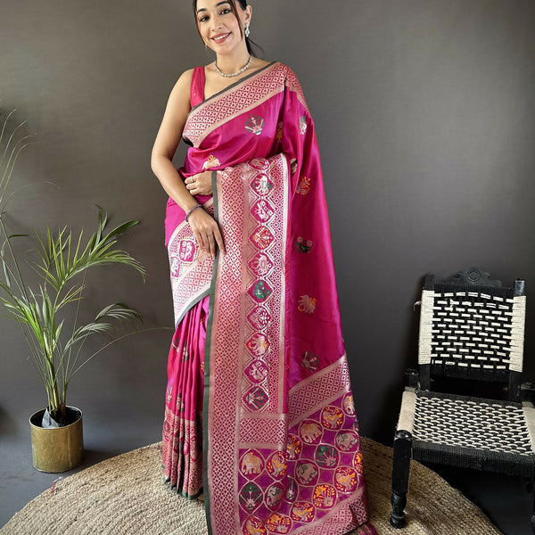 Joban Fashion Pink Elephant & Floral Motifs Soft Lichi Silk Banarasi Saree - Distacart