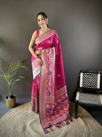 Thumbnail for Joban Fashion Pink Elephant & Floral Motifs Soft Lichi Silk Banarasi Saree - Distacart