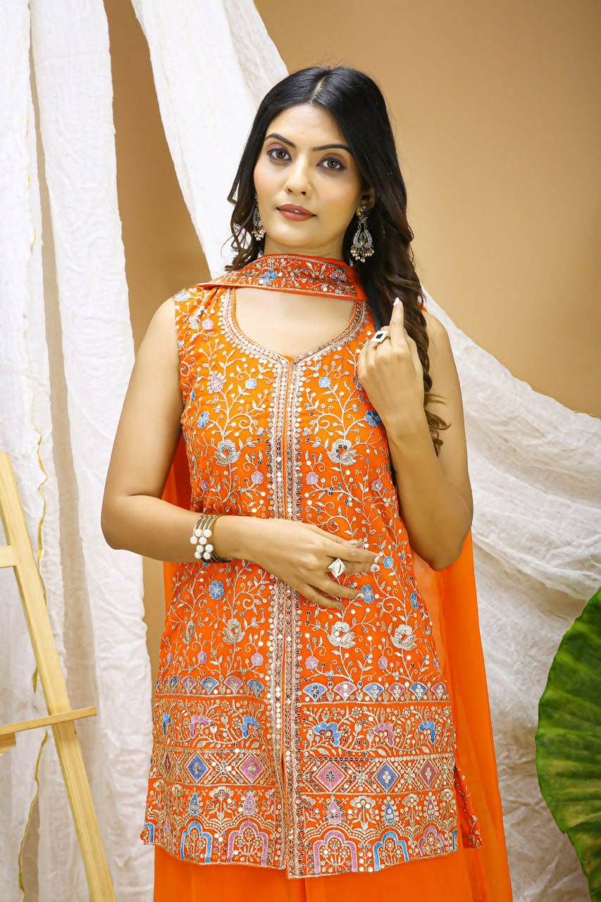 Joban Fashion Orange Georgette Embroidered Sharara Set - Distacart