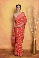 Thumbnail for Very Much Indian Handblock Printed Cotton Saree With Natural Dyes - Orange - Distacart