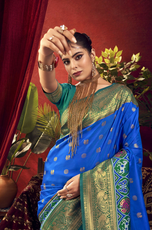 Vishnu Weaves Women's Royal-Blue Paithani Silk Saree with Blouse - Distacart