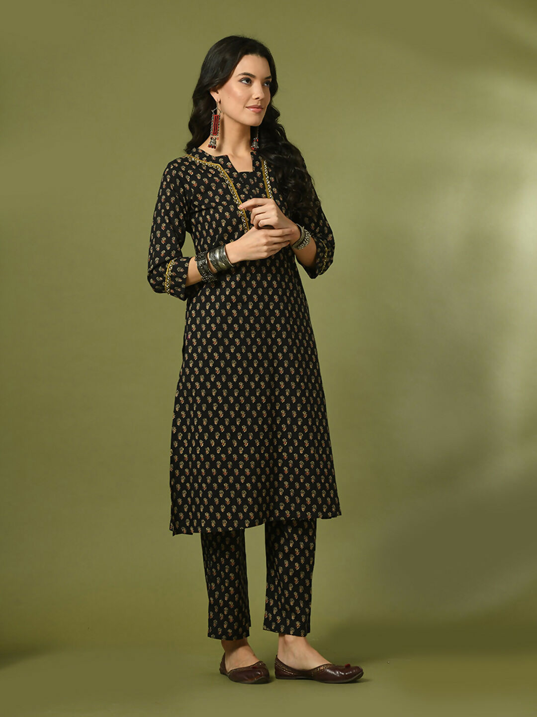 Myshka Women's Black Printed Cotton Straight Party Kurta Set - Distacart