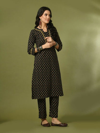 Myshka Women's Black Printed Cotton Straight Party Kurta Set - Distacart