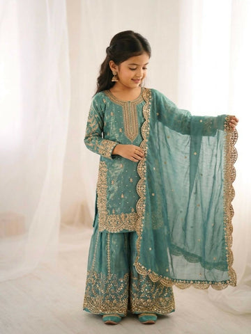 Teeya Creation New Trendy Fully Stitched Ready to Wear Kids Kurta Palazzo Set-Blue - Dista