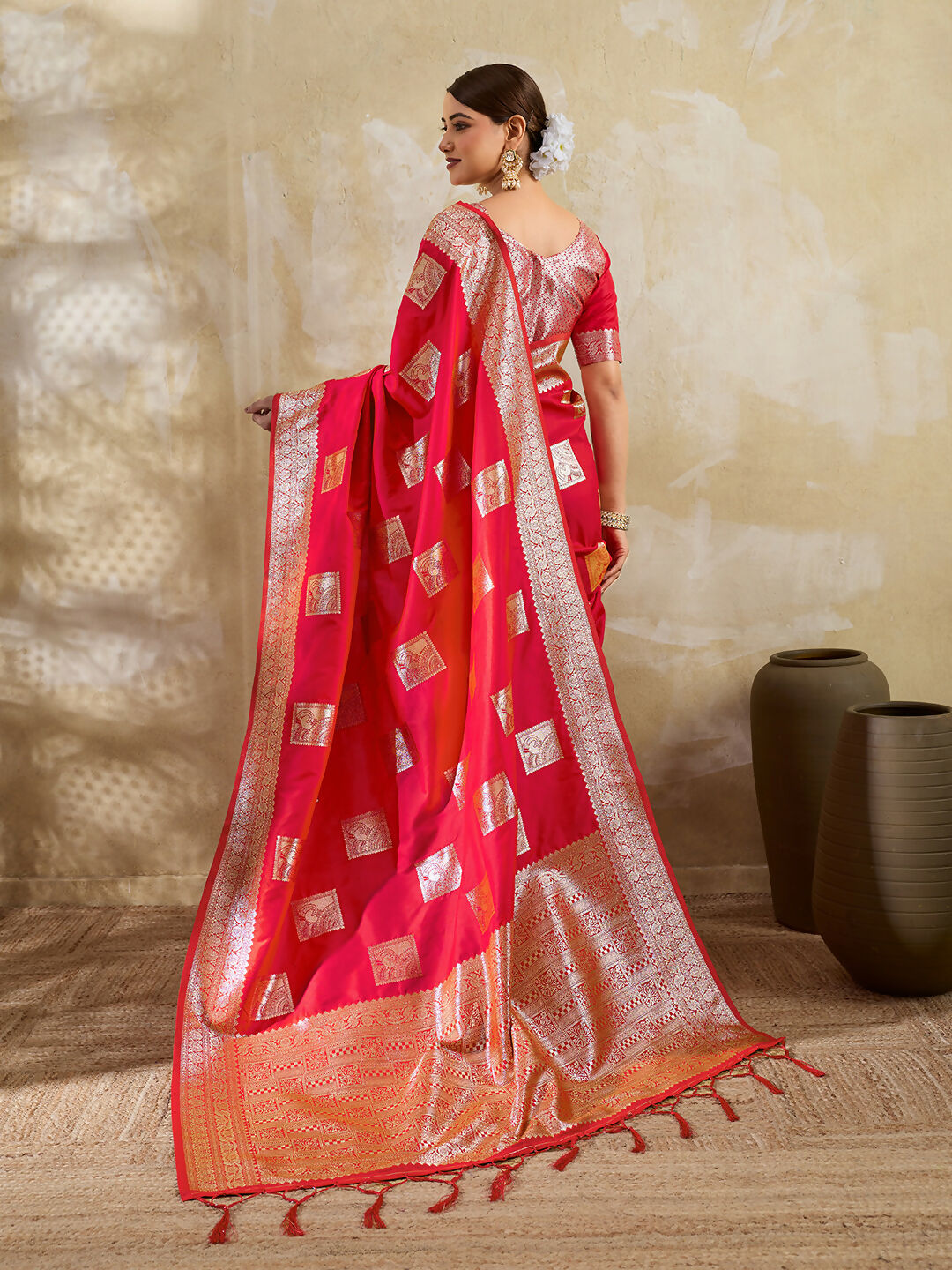 Shree Shyam Fashion Red Silk Blend Saree - Distacart