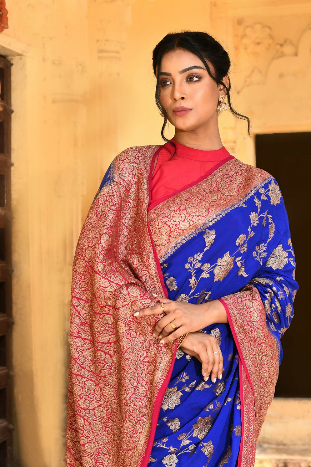 Joban Fashion Ink Blue Crepe Chiffon Pure Handloom Banarasi Silk Saree
