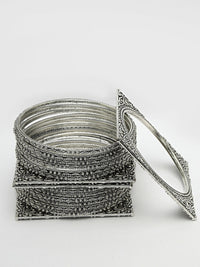 Thumbnail for NVR Women's Set of 8 Silver-Toned German Silver Oxidised Bangles - Distacart