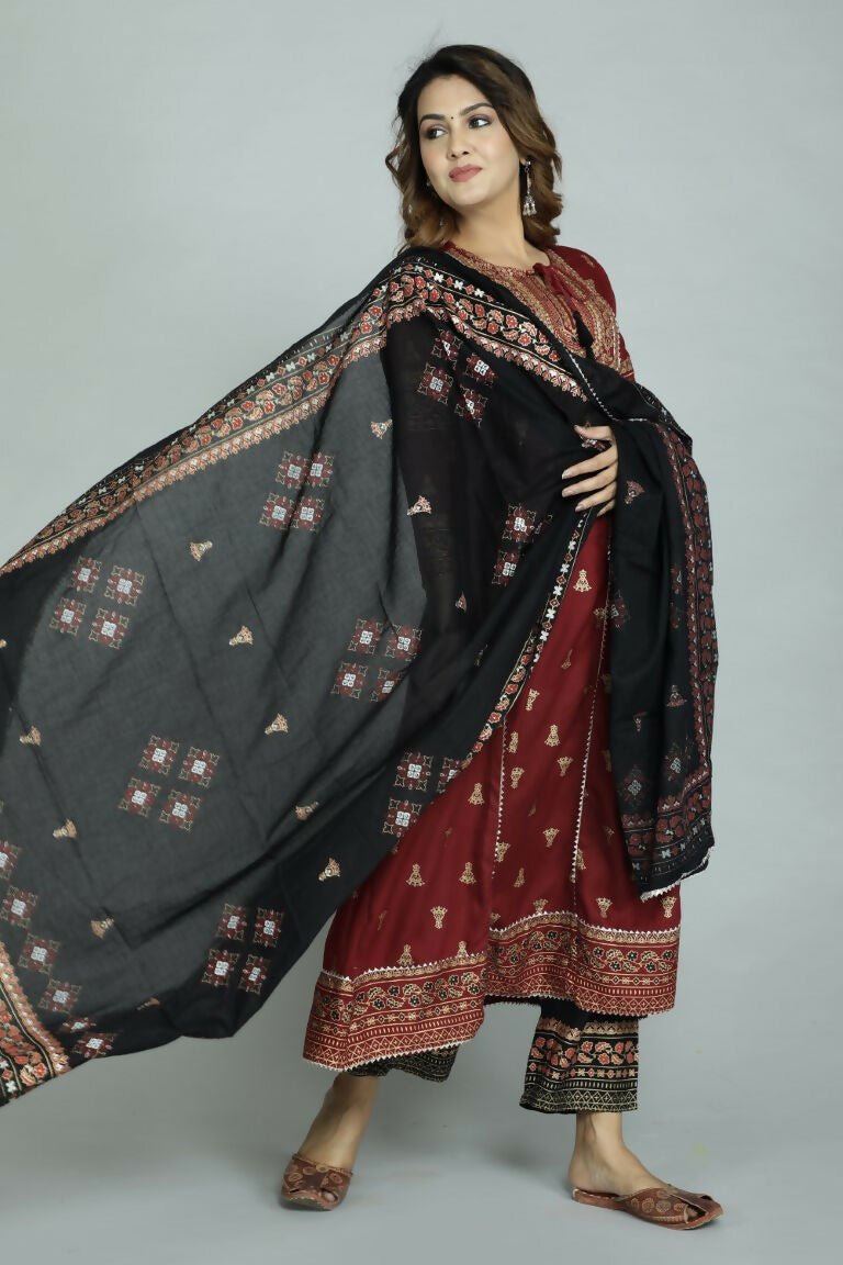 Alvano Women's Stylish Anarkali Kurti with Pant and Dupatta for Women and Girls (Maroon) - Distacart