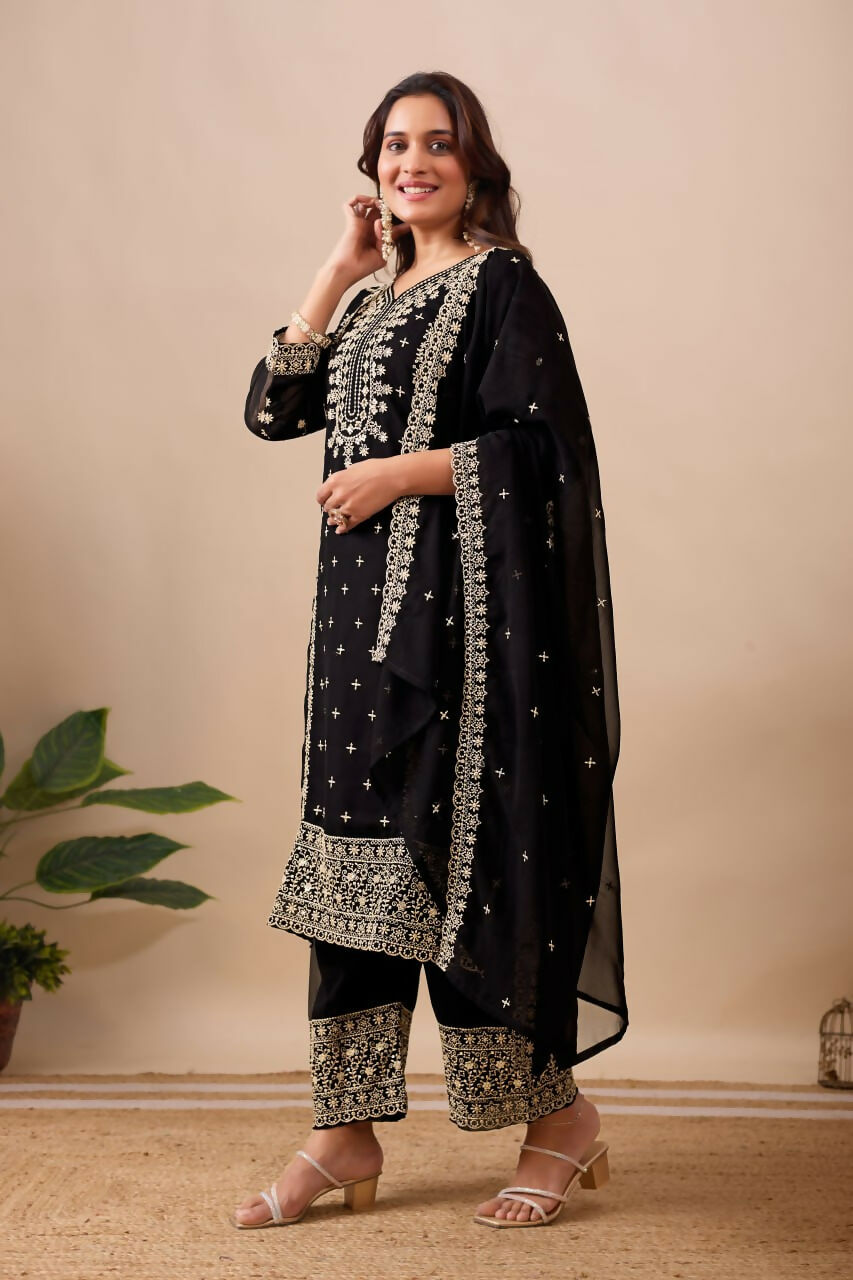Joban Fashion Black Velvet Embroidery Sequence Work Readymade Kurta Set - Distacart
