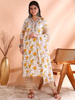 Thumbnail for Ode by House of Pataudi Floral Printed Sequinned Pure Cotton Kurta With Trouser & Dupatta - Distacart