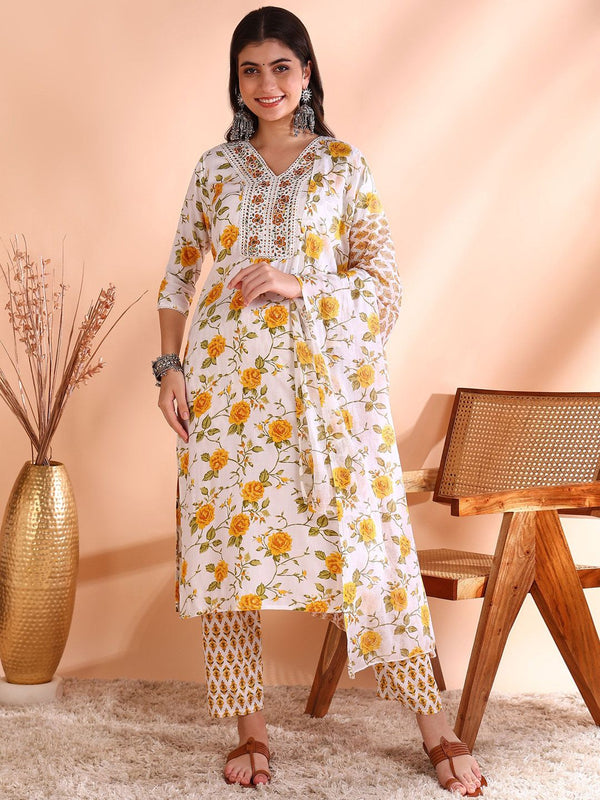 Ode by House of Pataudi Floral Printed Sequinned Pure Cotton Kurta With Trouser & Dupatta - Distacart