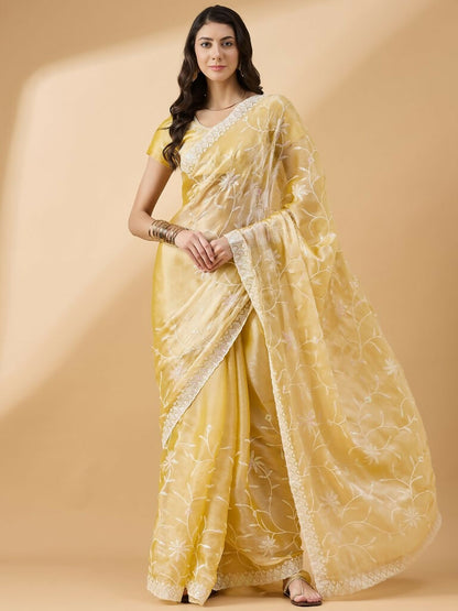 Yellow Tissue Slub Embroidered Saree with Unstitched Blouse - Vairagi - Distacart