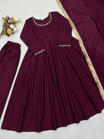 Thumbnail for Teeya Creation Wine Solid Silk Blend Anarkali Suit With Pants And Dupatta - Dista