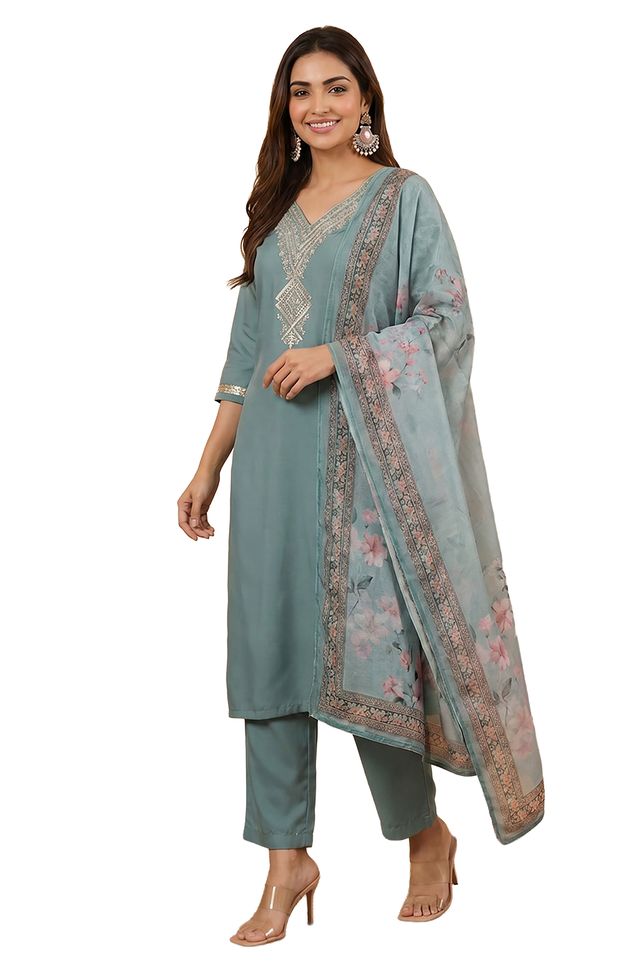 Janasya Sage Straight Rayon Top, Bottom & Dupatta - Dista