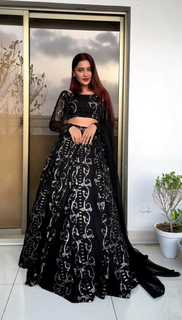 Jyoti Fashion Women's Black Faux Georgette Sequins with Thread Embroidered Designer Lehenga Choli Set - Distacart