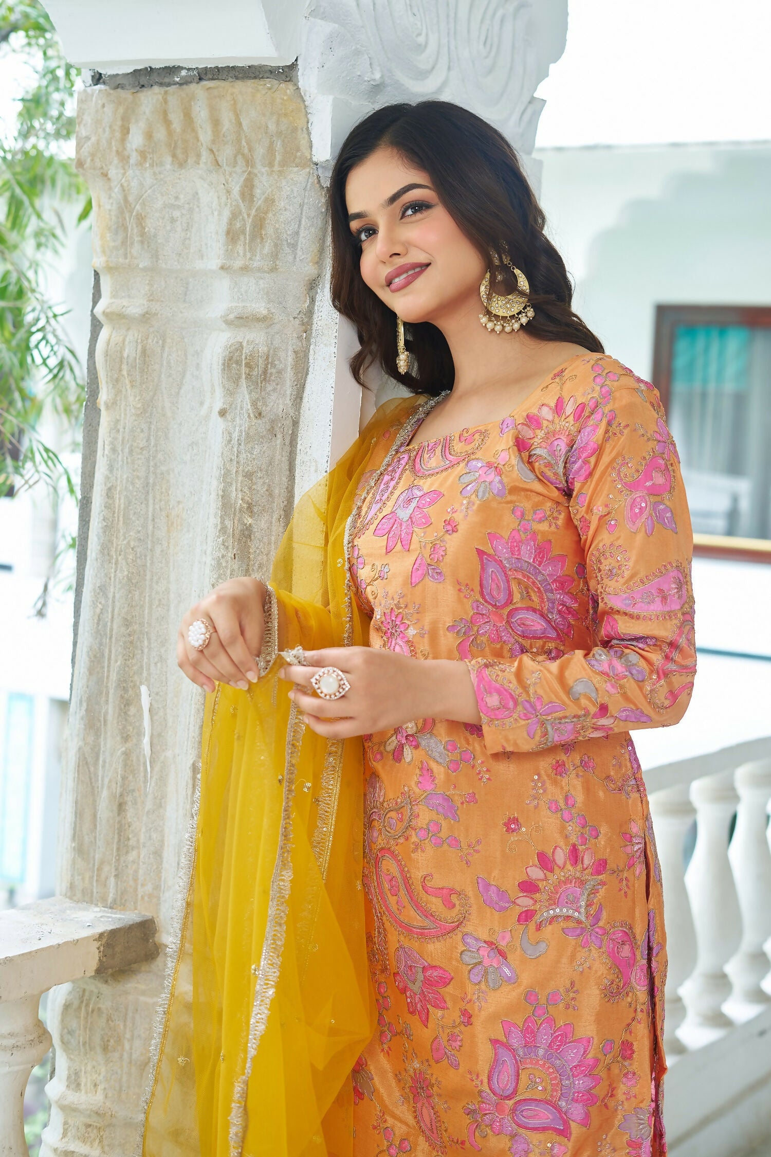 Joban Fashion Yellow Chinnon Embroidery Sequence Work Readymade Kurta Set - Distacart