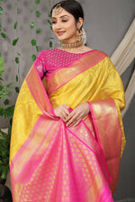 Thumbnail for Jyoti Fashion Women's Yellow Kanjivaram Silk Zari Woven Saree with Blouse - Distacart