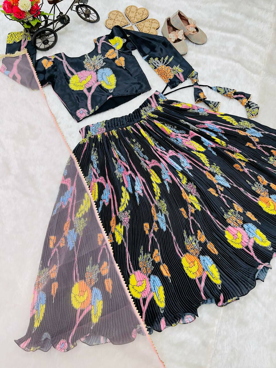 Divine Drape Girl's Chinon Silk Digital Print Lehenga Choli - Black