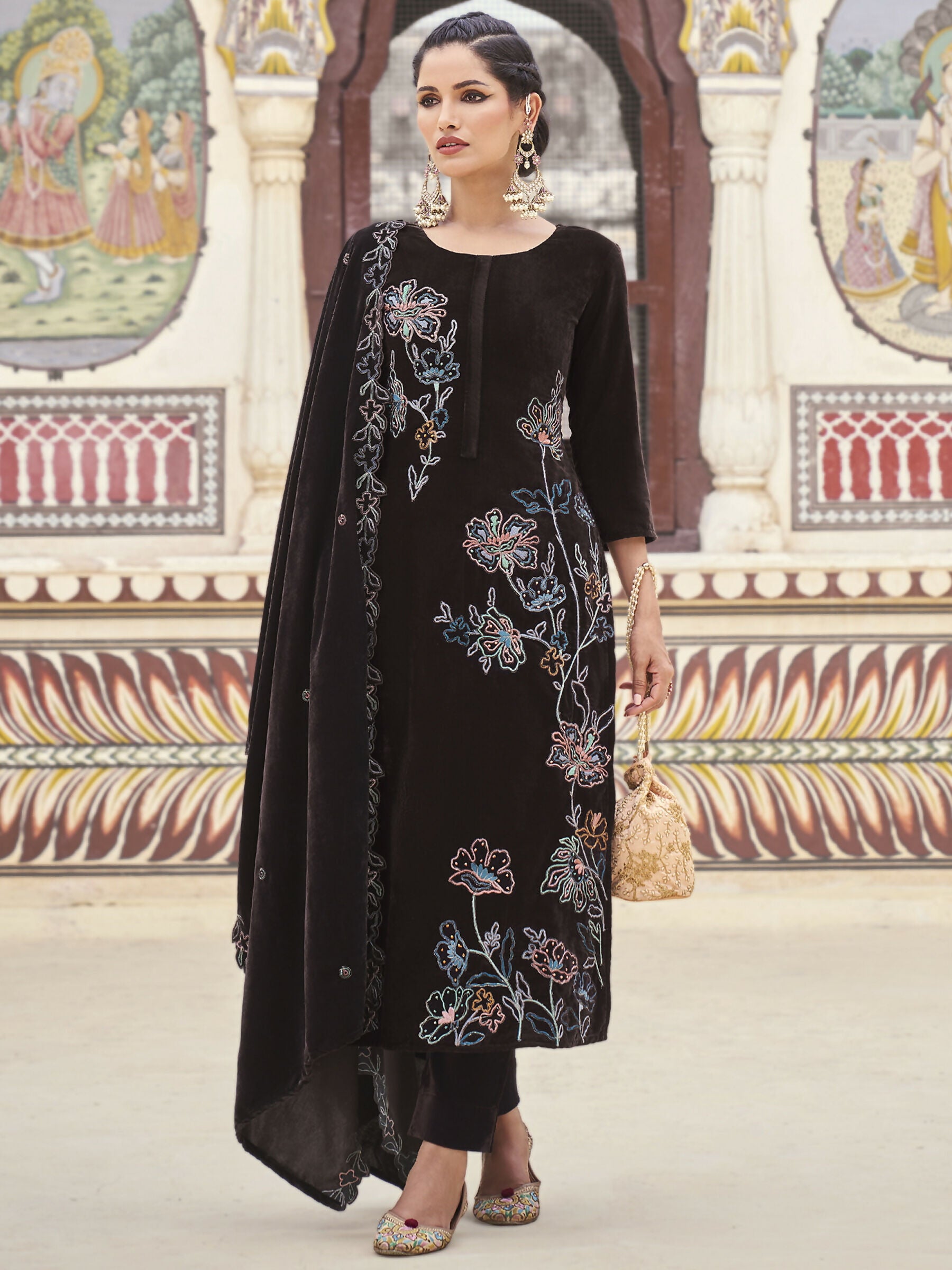 Jyoti Fashion Women's Brown Velvet Resham Thread with Jari & Sequin Kurta with Trouser & Dupatta - Distacart