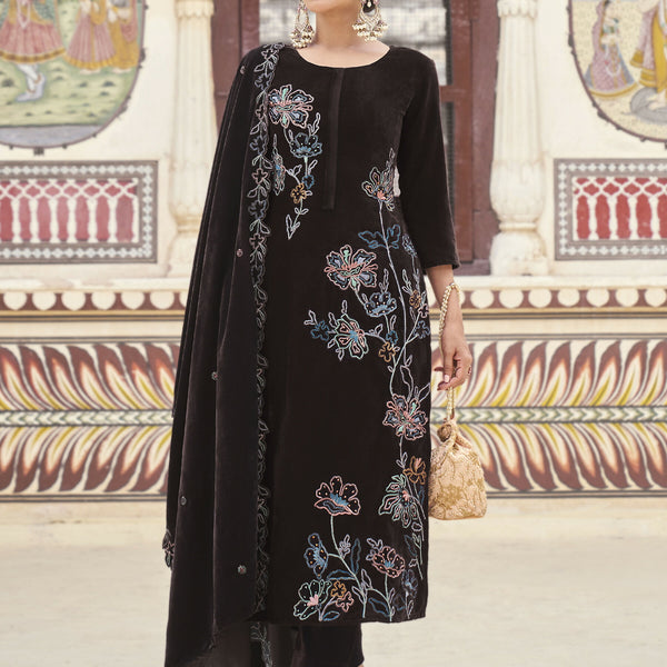 Jyoti Fashion Women's Brown Velvet Resham Thread with Jari & Sequin Kurta with Trouser & Dupatta - Distacart
