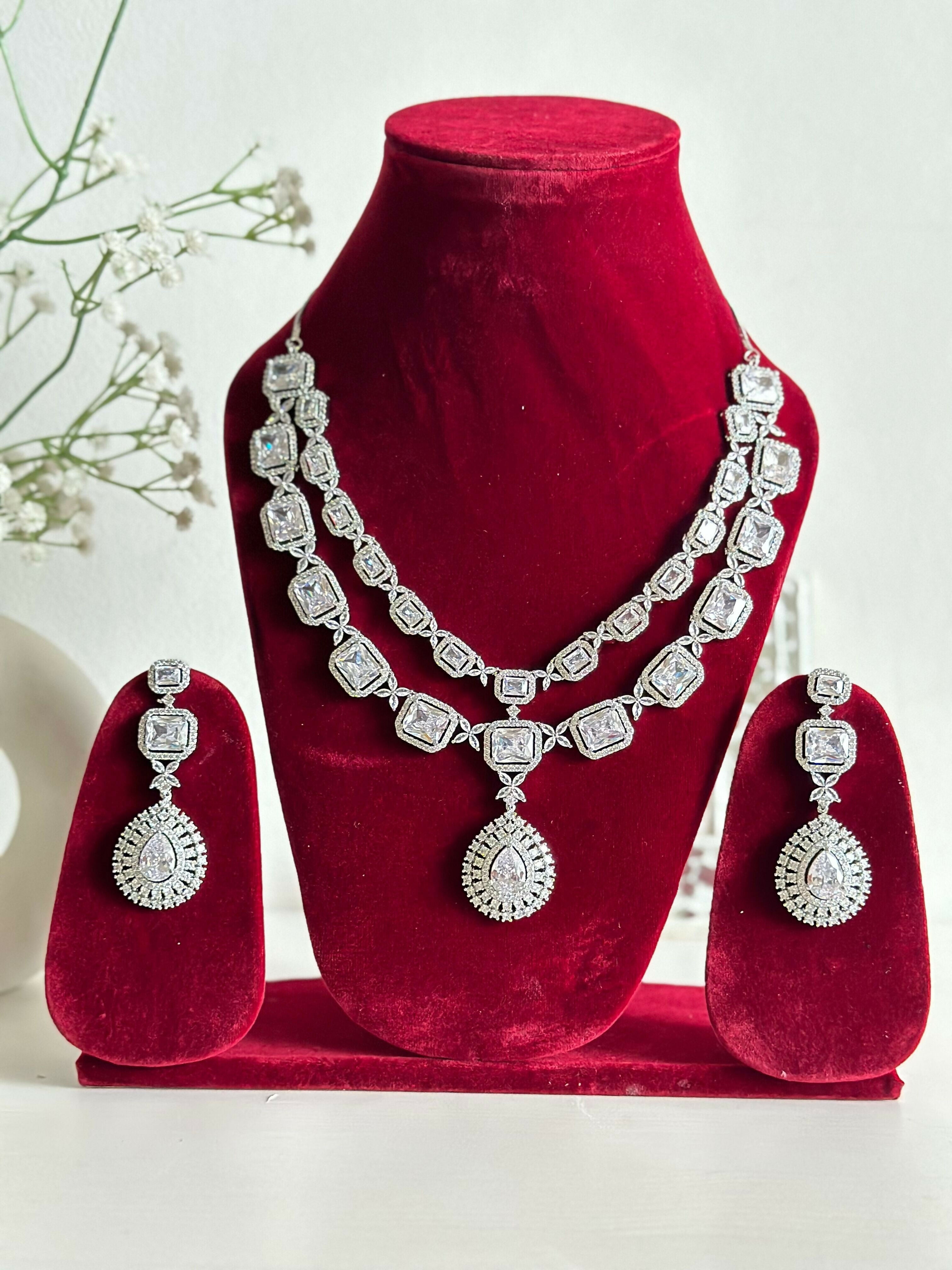 Siver American Diamond Two Layer Elegent Necklace Set With Earrings By House of Ree - Distacart