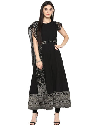 Ahalyaa Women's Black Crepe Printed Kurta With Attached Dupatta