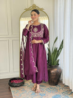 Thumbnail for The52 Purple Women's Gorgeous Embroidered Vichitra Silk Fabric Flared Kurta Pant with Dupatta Set - Distacart