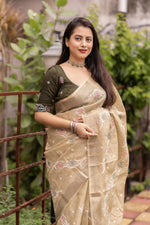 Thumbnail for Olive Pure Linen Ethnic Motifs Saree with Unstitched Blouse - Hiral Fashion - Distacart